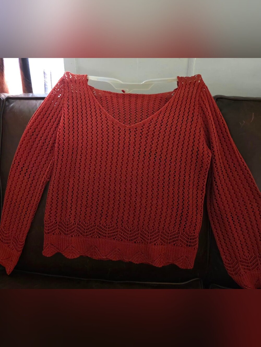 Women's Open-Knit Burnt Orange V-Neck Sweater